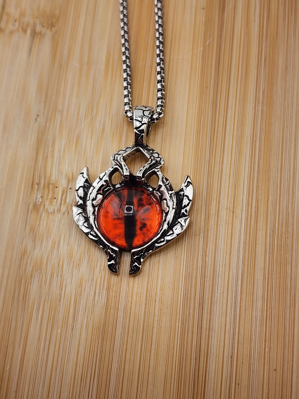 23in Silver Tone Dragon Wing Pendant Necklace with Red Glass Cabochon 0680
